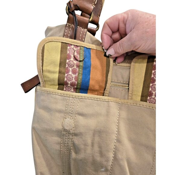 Fossil Modern Vintage Canvas & Leather Tote Bag Multiple Pockets Key Charm - Picture 10 of 11